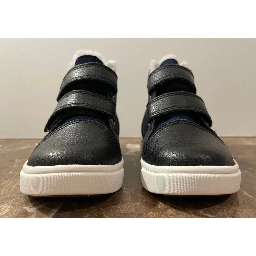 UGG Kids Rennon II Black Blue Leather‎ Suede Sherpa Lined Hook Loop Boots Kids 6